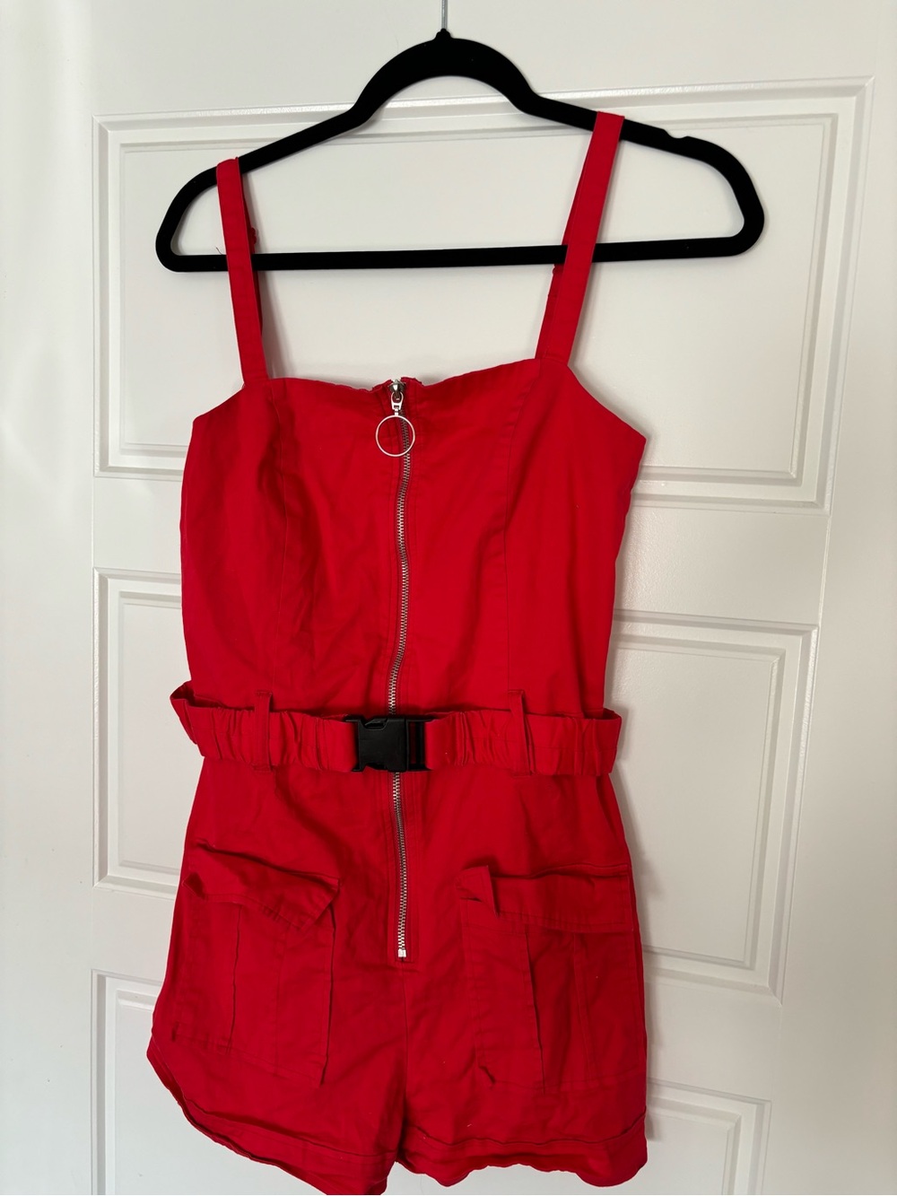 Red Belted Romper with Front Zip